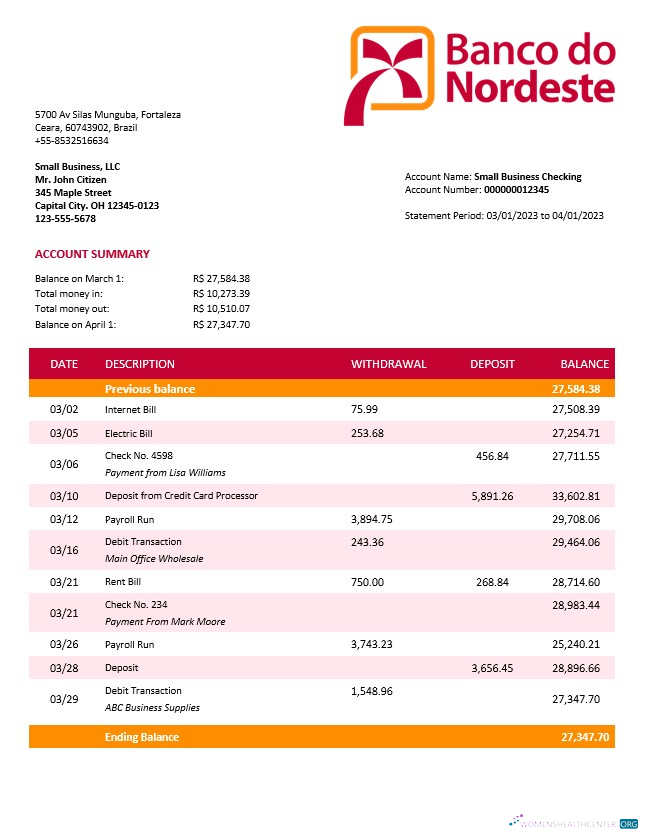 Download Banco do Nordeste firm account statement Word and PDF template Photoshop template
